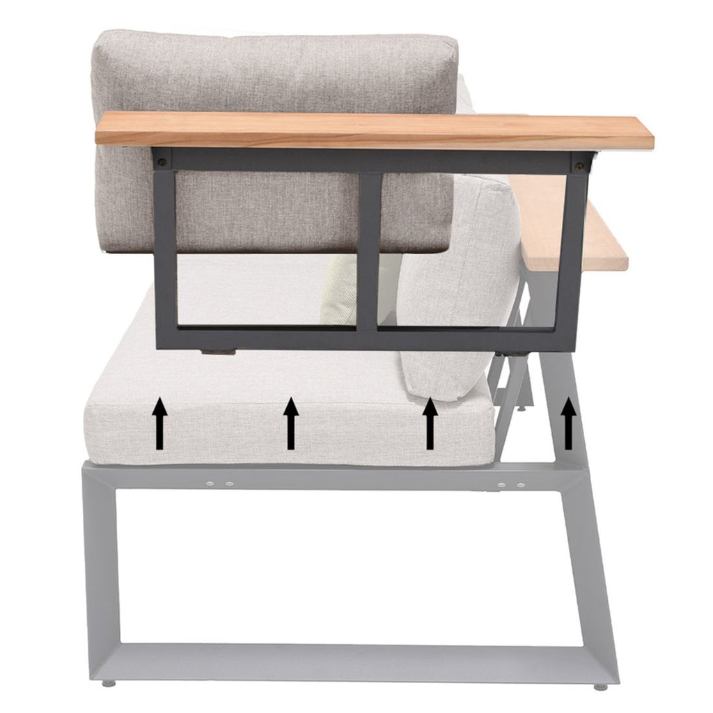Detalj av justeringsmekanisme på Hagesofa Jimmy med regulerbar rygg aluminium olefin