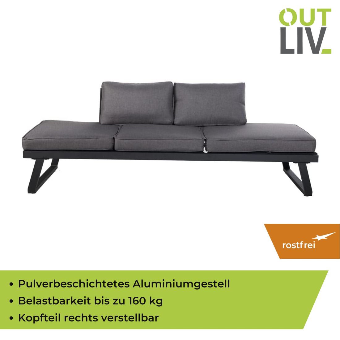 Hagesofa Lucca aluminium/polyester 200 cm antrasitt - OUTLIV.