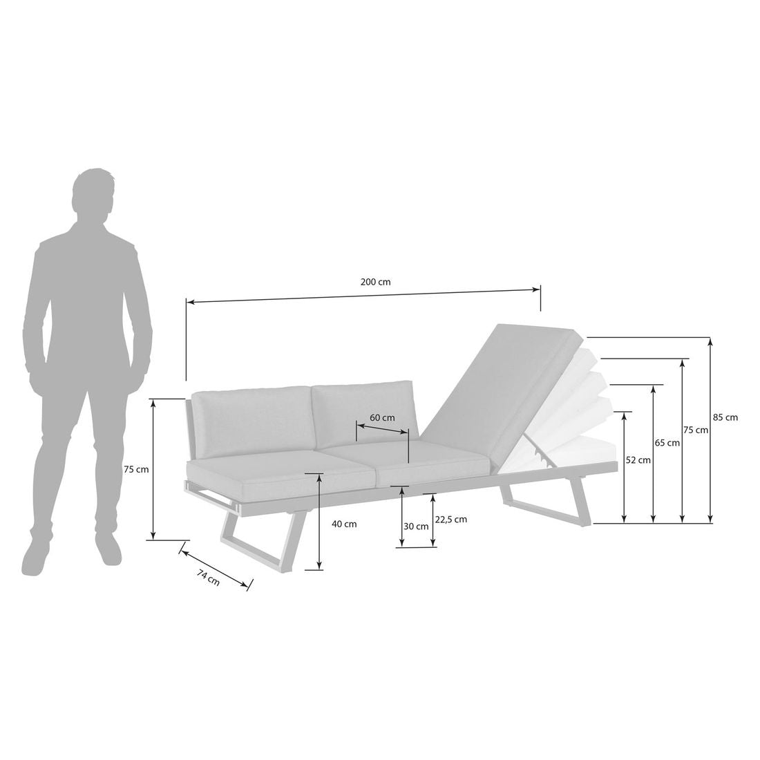Detalj av hagesofa Lucca aluminium polyester 200 cm antrasitt