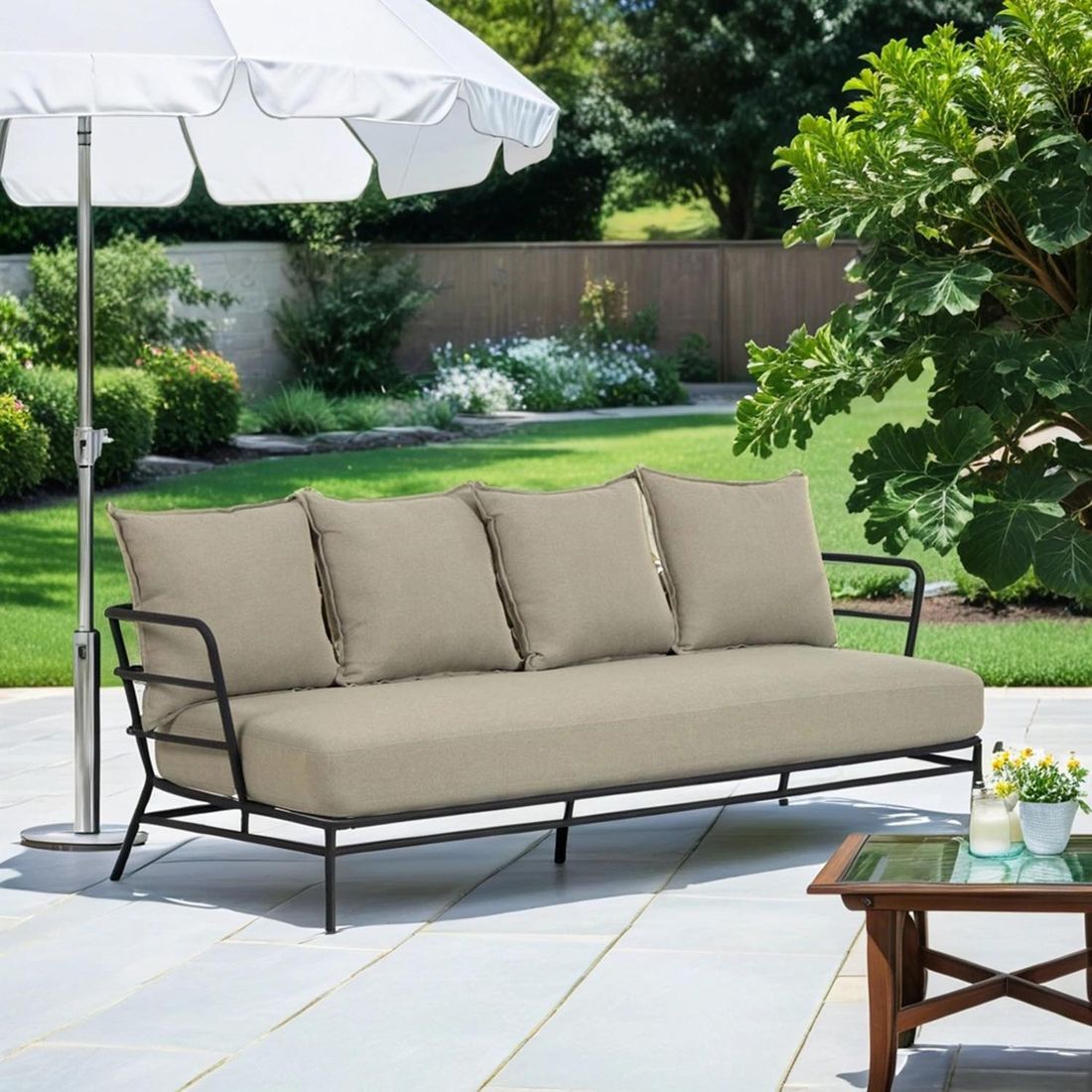 Hagesofa Mareluz stål/polyester 197x75 cm forfra