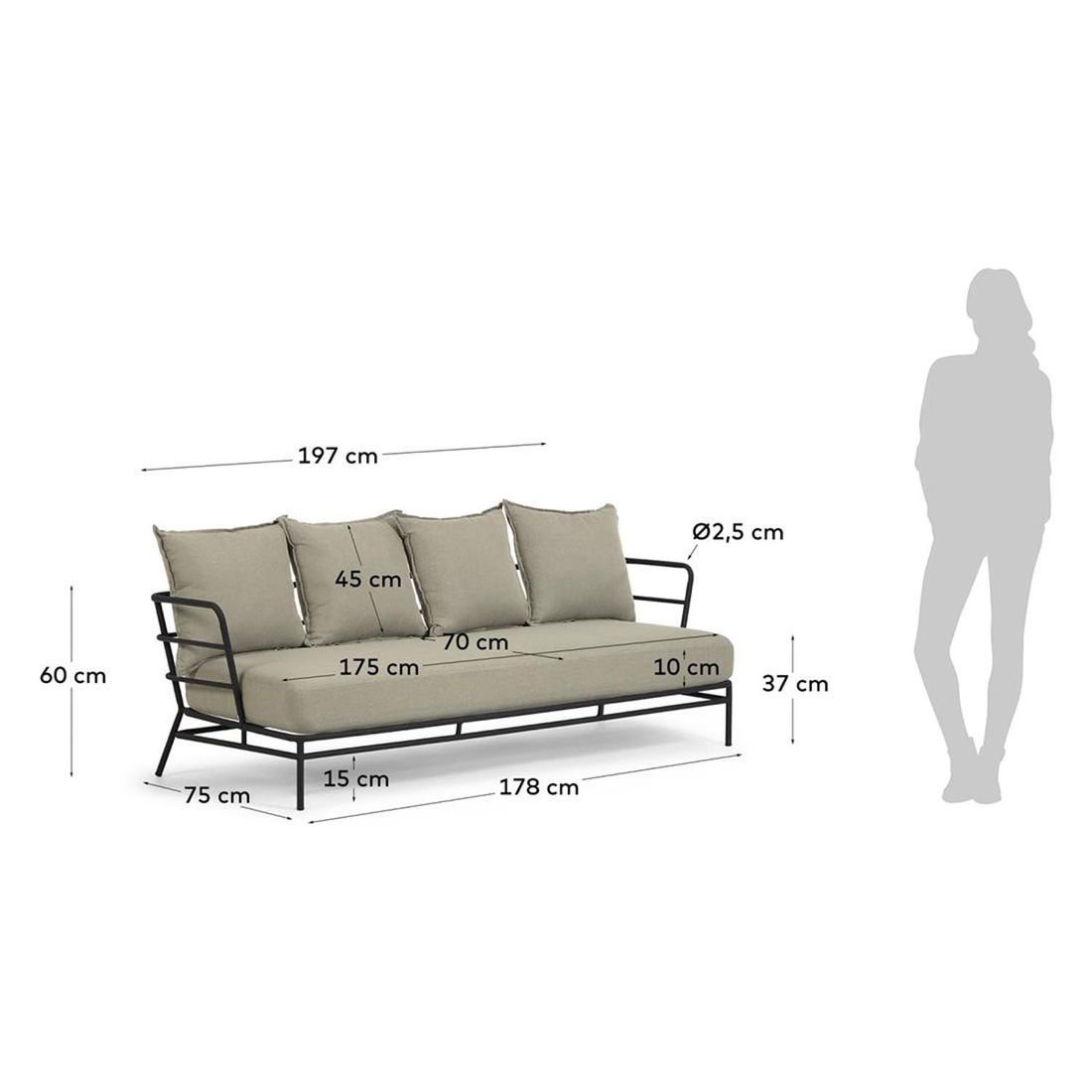 Hagesofa Mareluz stål/polyester 197x75 cm detalj av ramme
