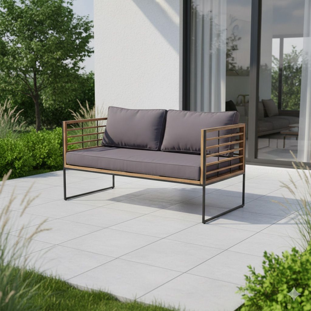 Hagesofa Maui stål/akasie 141x70 cm sett forfra