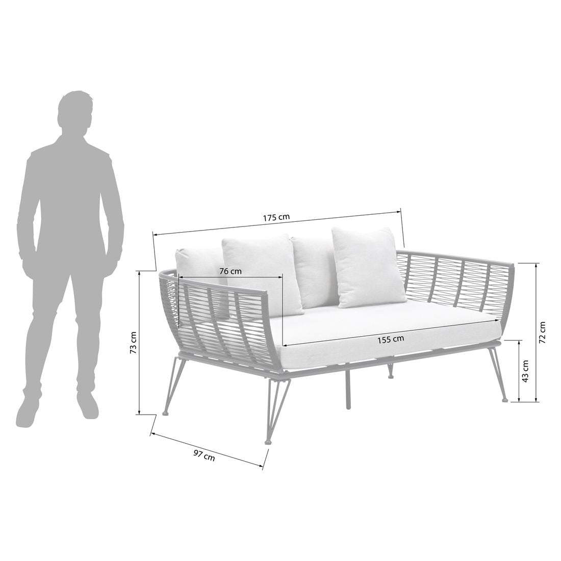 Detalj av aluminiumramme på Hagesofa Melissa aluminium tau 175 cm