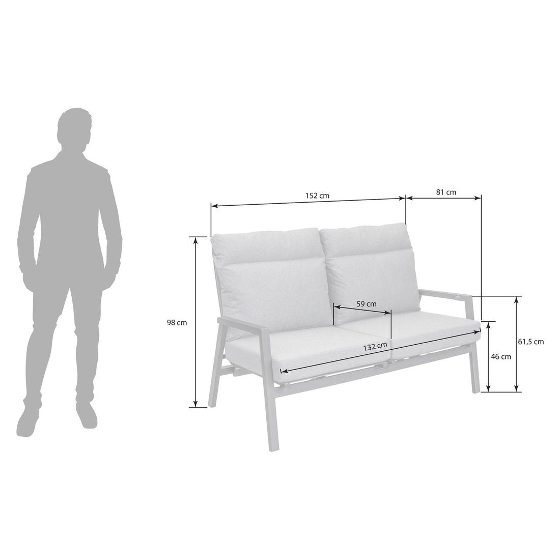 Detalj av hagesofa Perth regulerbar rygg aluminium 152 cm - OUTLIV