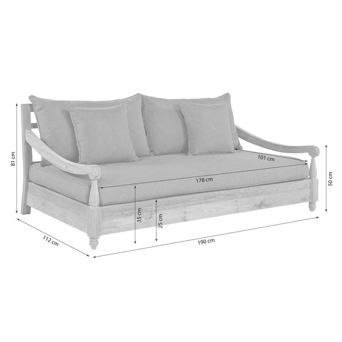 Hagesofa Portofino resirkulert teak/olefin 190 cm detalj av stoff