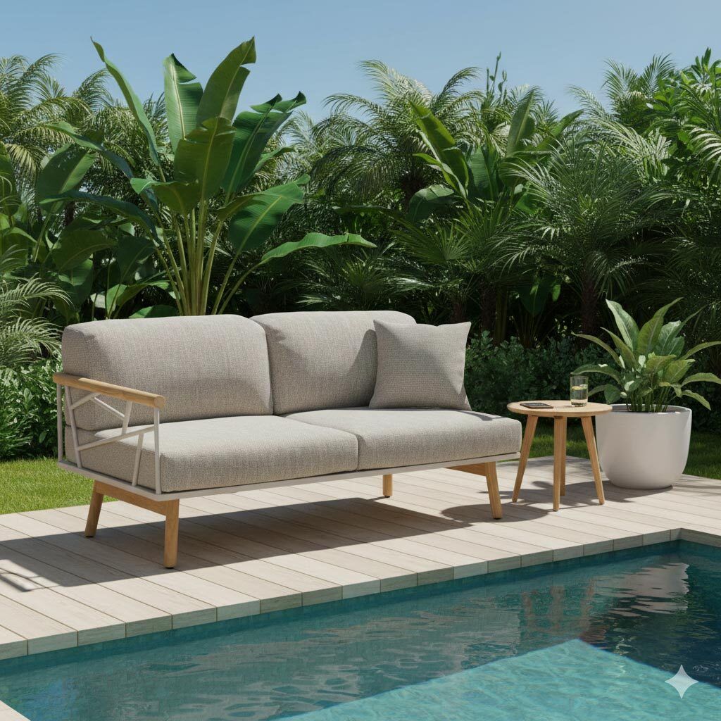 Hagesofa Solena rustfritt stål og teak 150 cm forfra