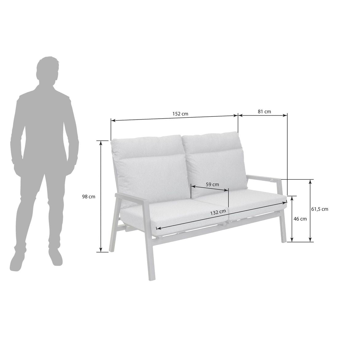 Detalj av stoff og ramme på Hagesofa Sondrino regulerbar rygg aluminium 152 cm