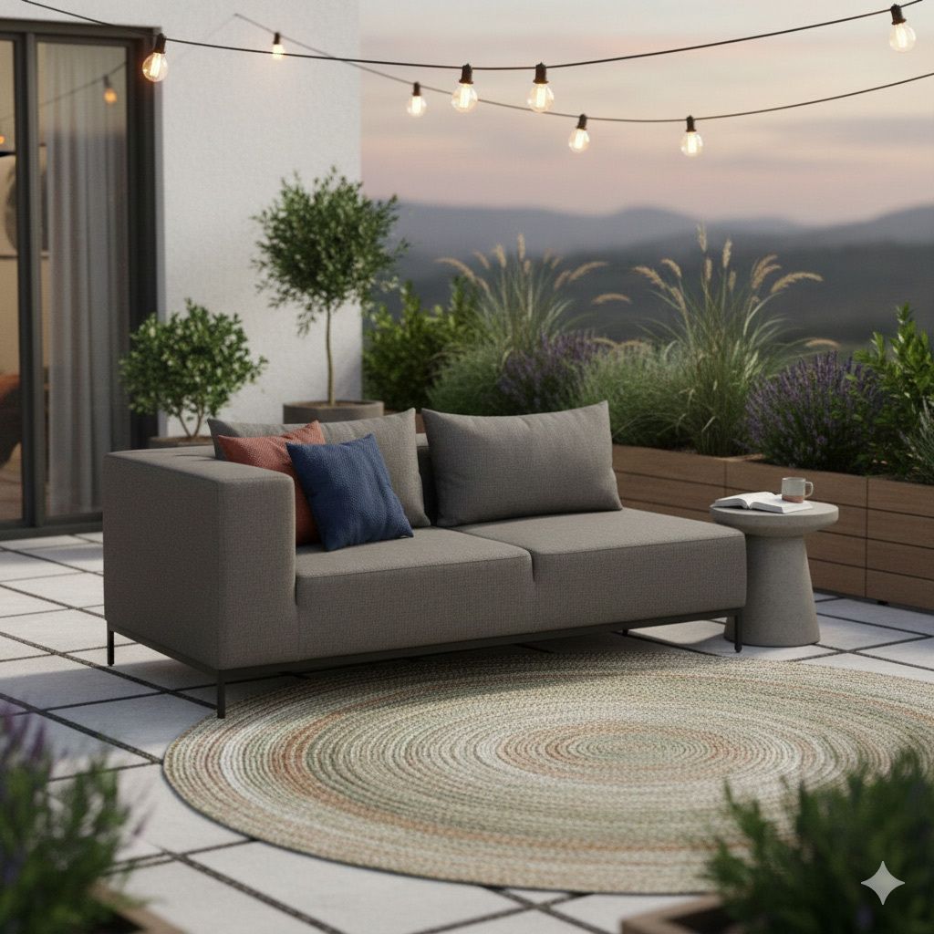 Hagesofa Taavi aluminium/Sunbrella 203x99 cm forfra med svart ramme