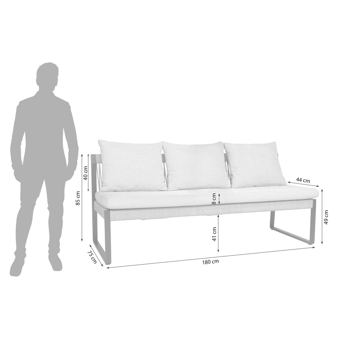 Nærbilde av putetrekk i perlgrau på Hagesofa Tammo aluminium/tau 180 cm Stern