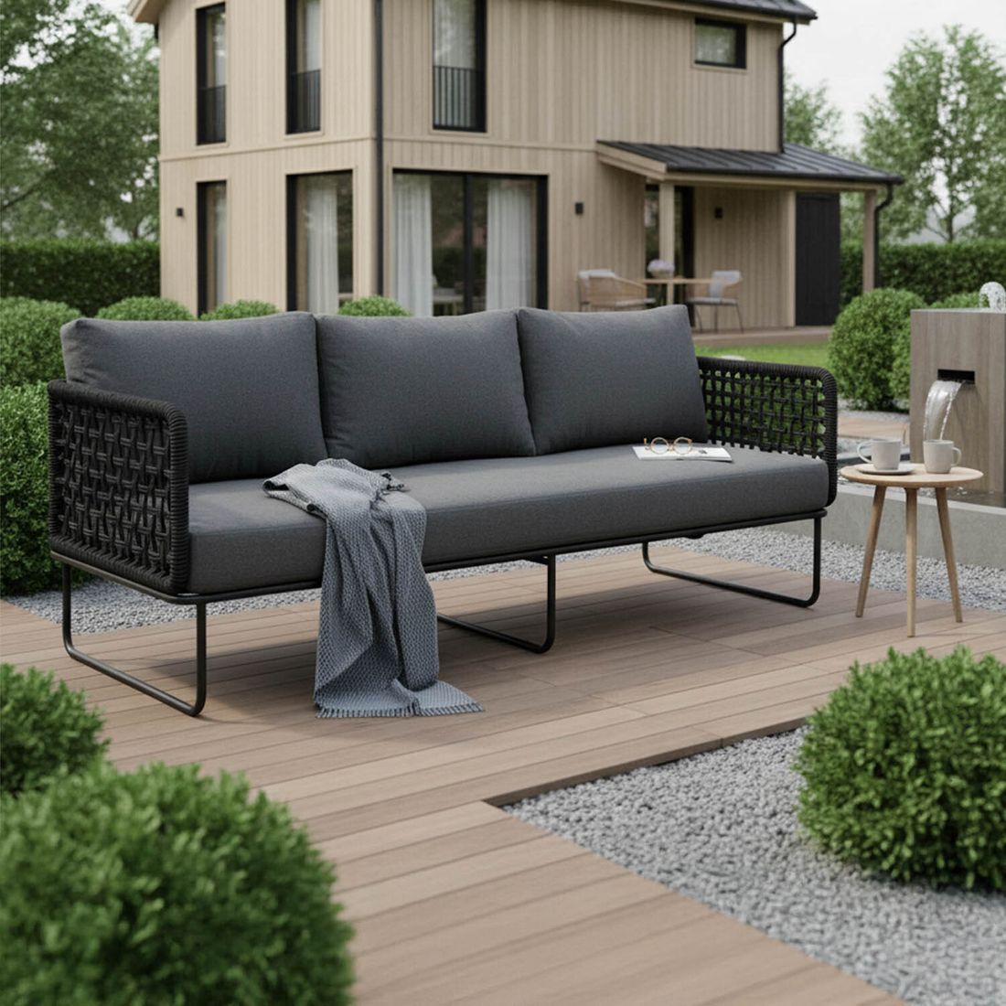Hagesofa Tender stål tau olefin 210 cm forfra