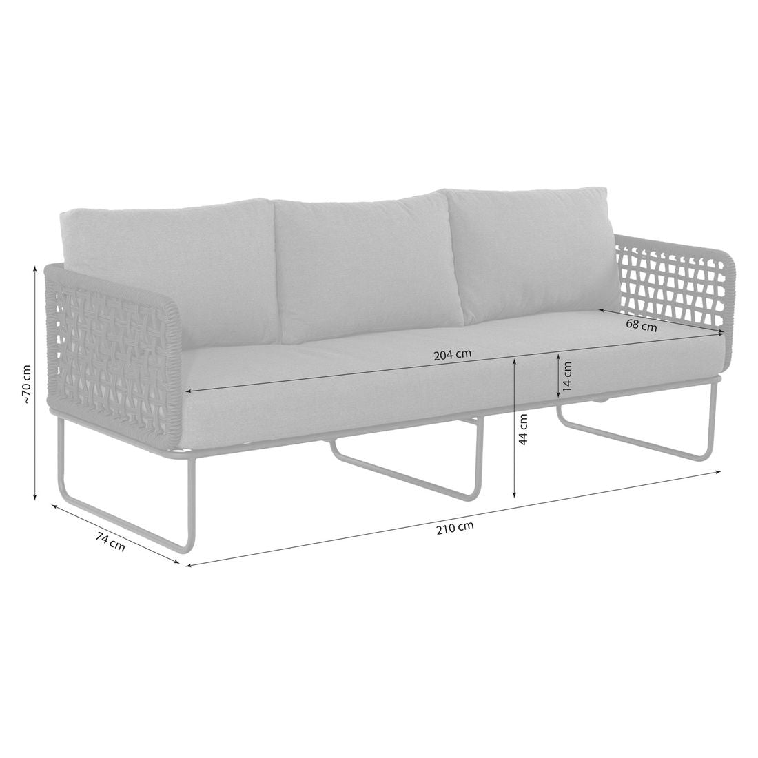 Detaljbilde av tau fletting på Hagesofa Tender stål tau olefin 210 cm