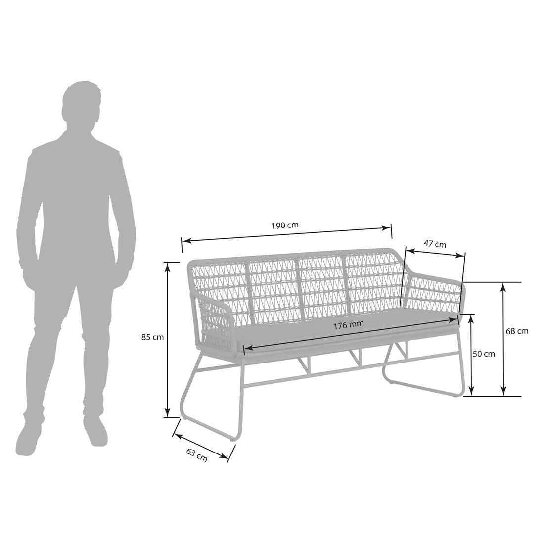 Hagesofa Verona aluminium tau olefin 190 cm detalj av stoff