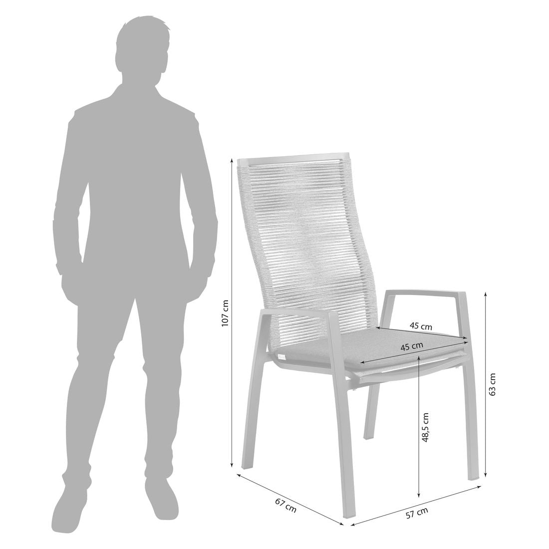 Detalj av tauverk på hagestol med armlener 7011 aluminium tau med pute