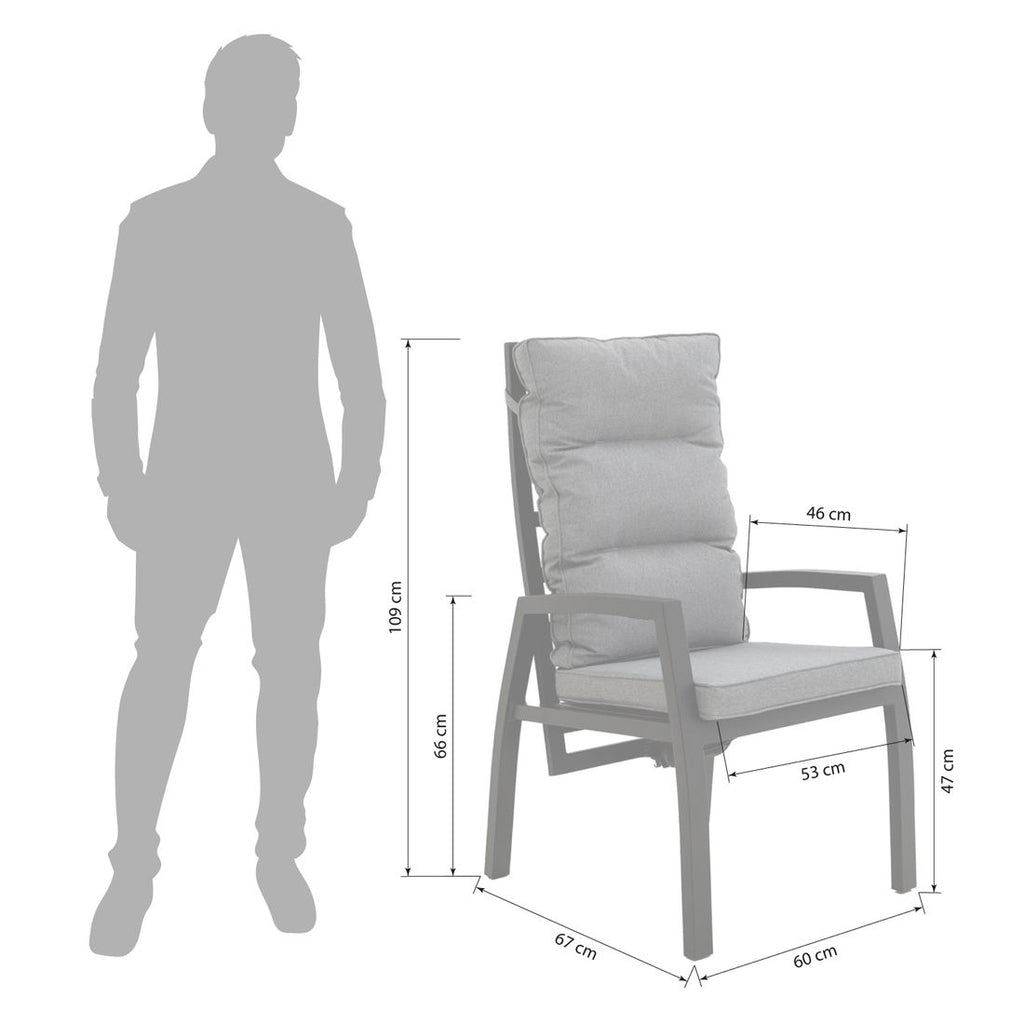 Hagestol Canberra aluminium med puter, regulerbar rygg bakside