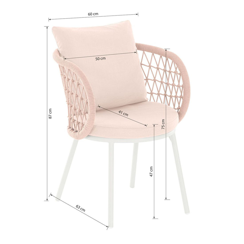 Detalj av håndflettet tau på Hagestol med armlener Cevio aluminium tau ivory