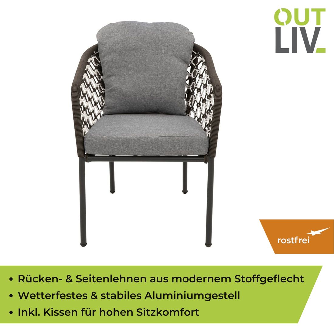Hagestol Mali aluminium med puter 62x75 cm - OUTLIV i bruk på hage