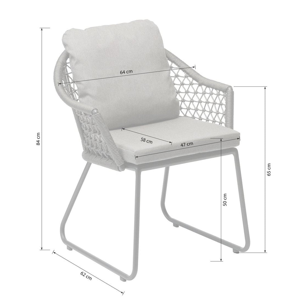 Detalj av ropeflett på Hagestol med armlener Clara aluminium tau med puter