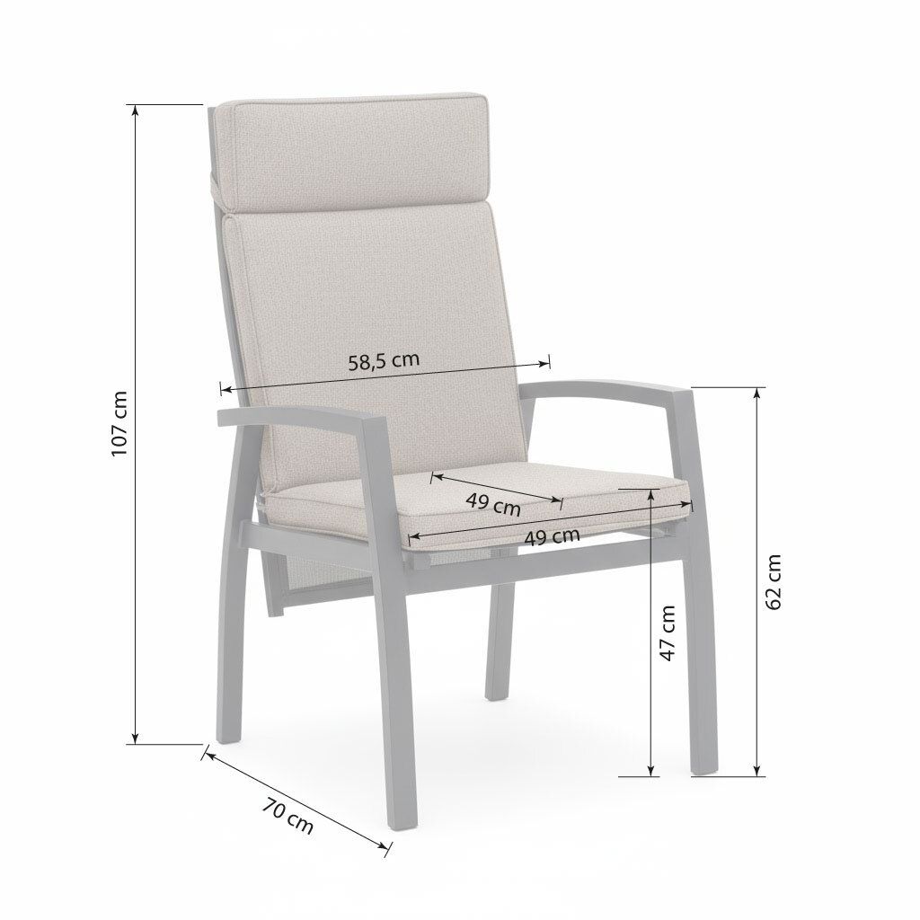 Detalj av tekstilfiber stoff på Hagestol med armlener Avena aluminium med puter