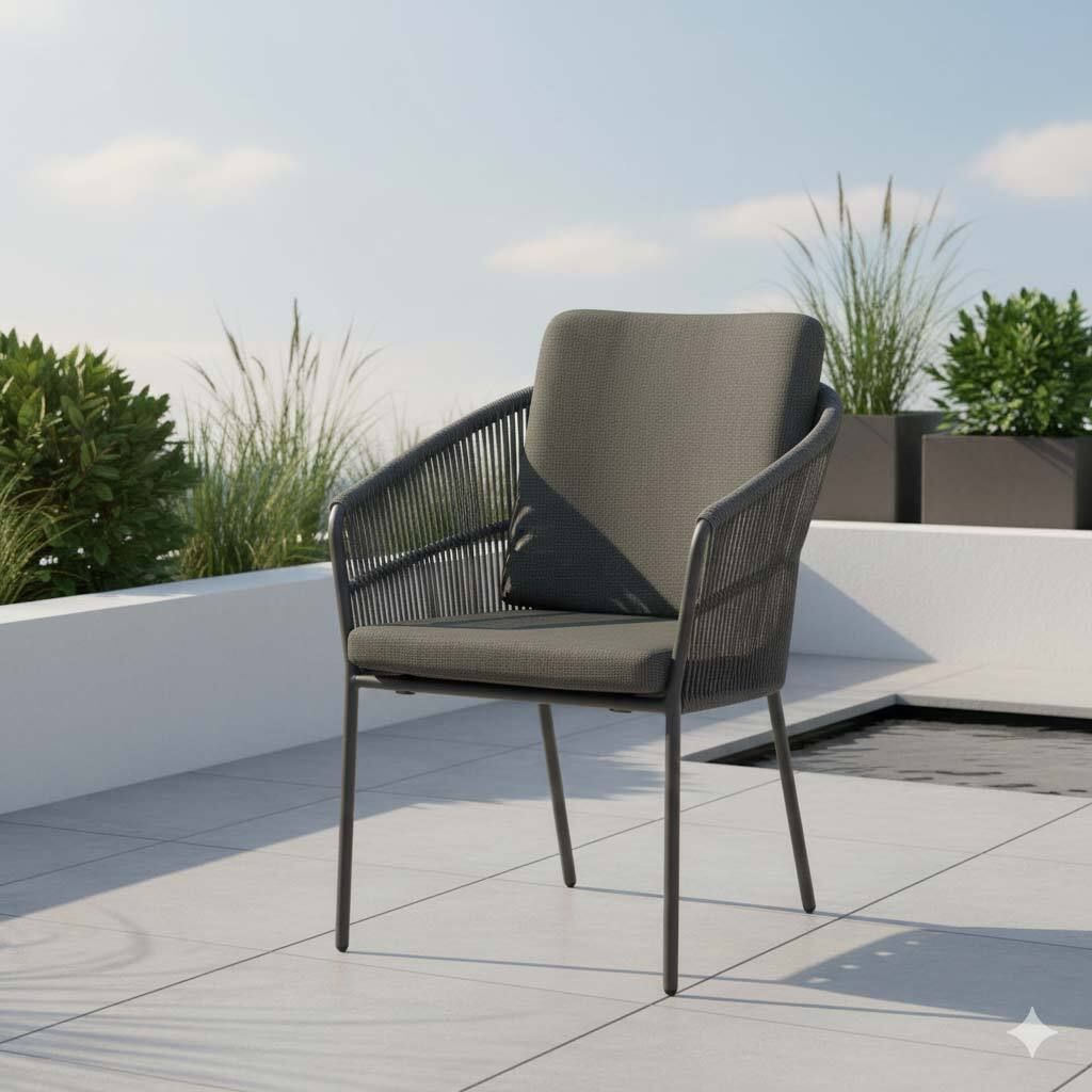 Bakside av Hagestol med armlener Covo aluminium tau med puter