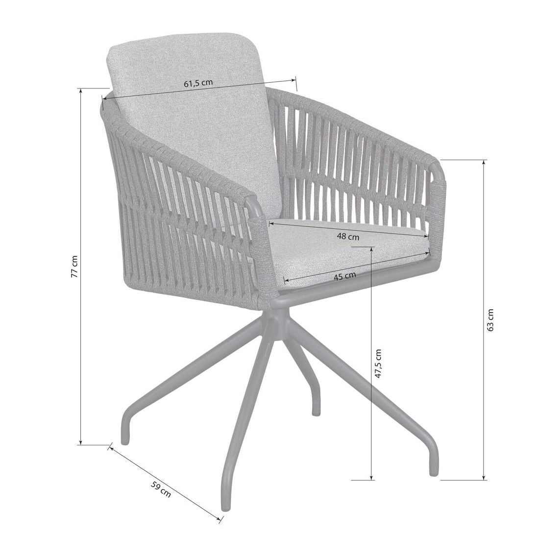 Detalj av tauverk på Hagestol med armlener Genua dreibar aluminium tau med puter