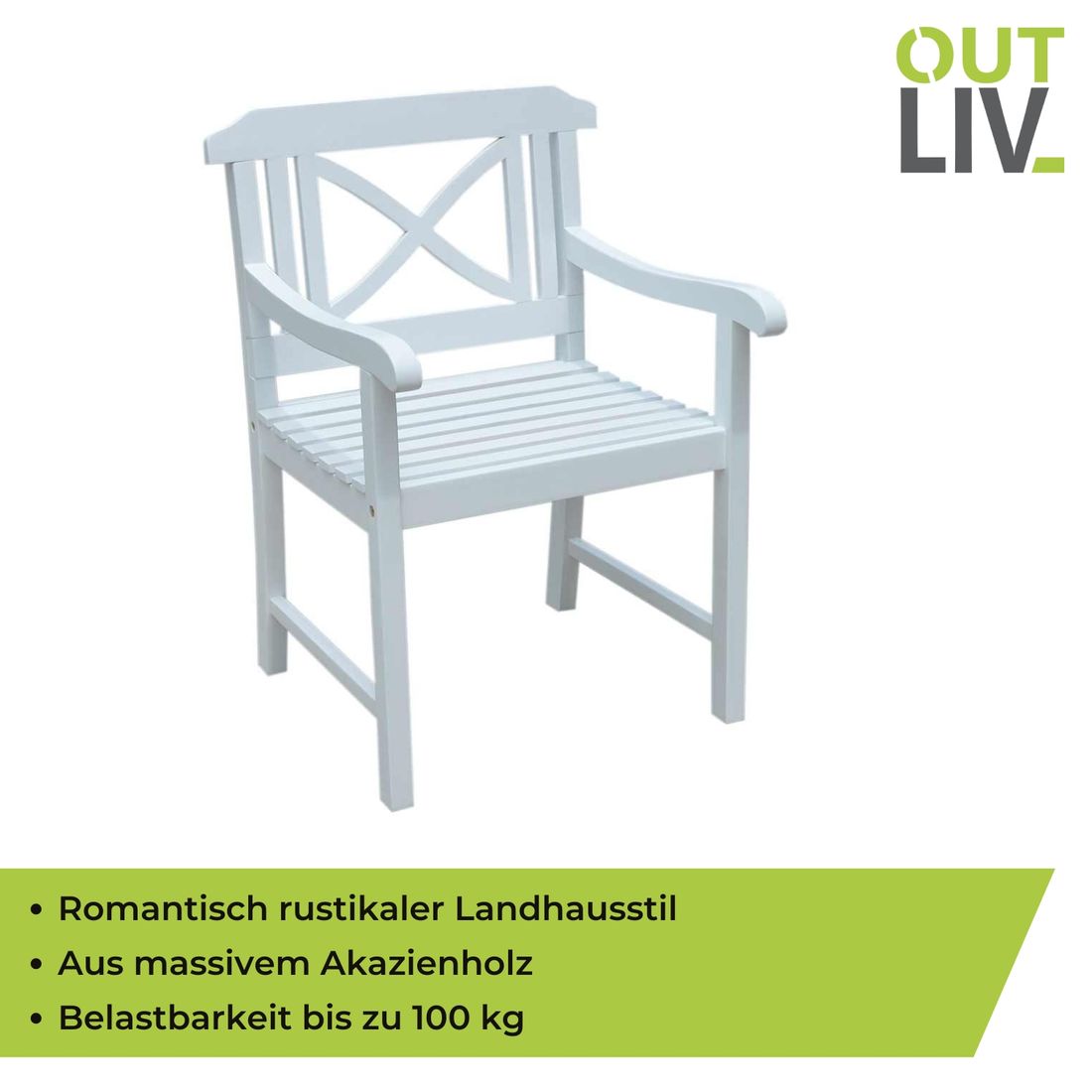 Hagestol med armlener Landhaus akasie hvit 65x61 cm detalj av armlener