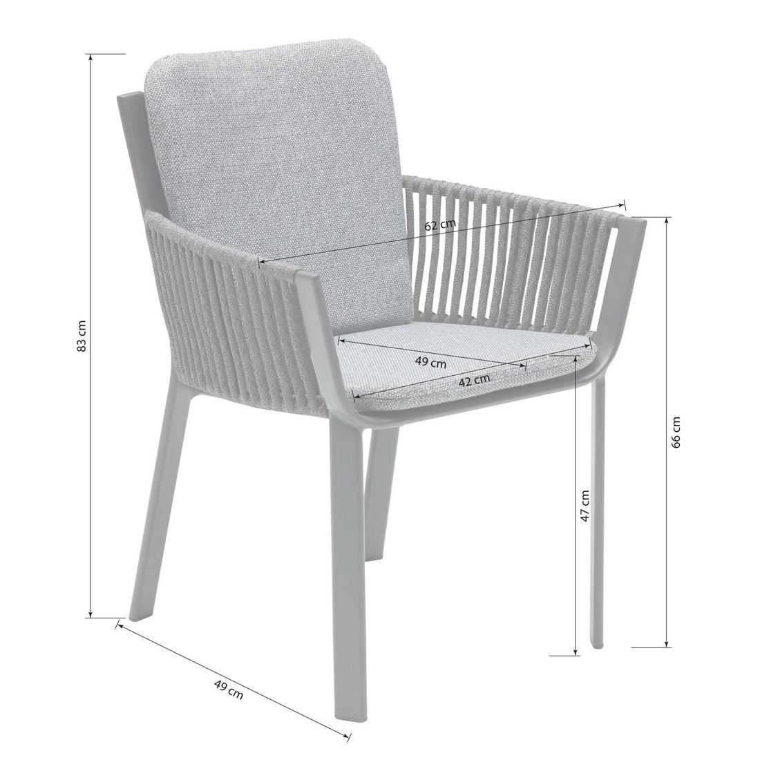 Detalj av Rope-fletting på Hagestol med armlener Sofano aluminium tau med puter