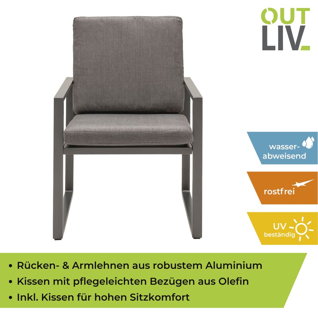 Sideprofil av Hagestol med armlener Sydney aluminium med puter 62x67 cm