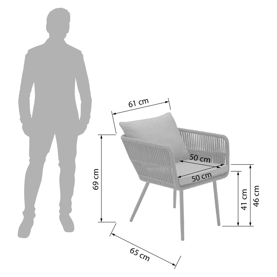 Hagestol Saigon stål/tau med sitte- og ryggpute detalj rope-fletting