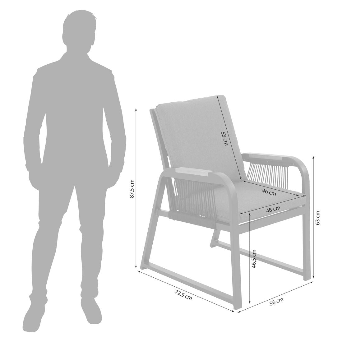 Detalj av rope materiale på Hagestol med armlener Siena aluminium tau med puter - OUTLIV