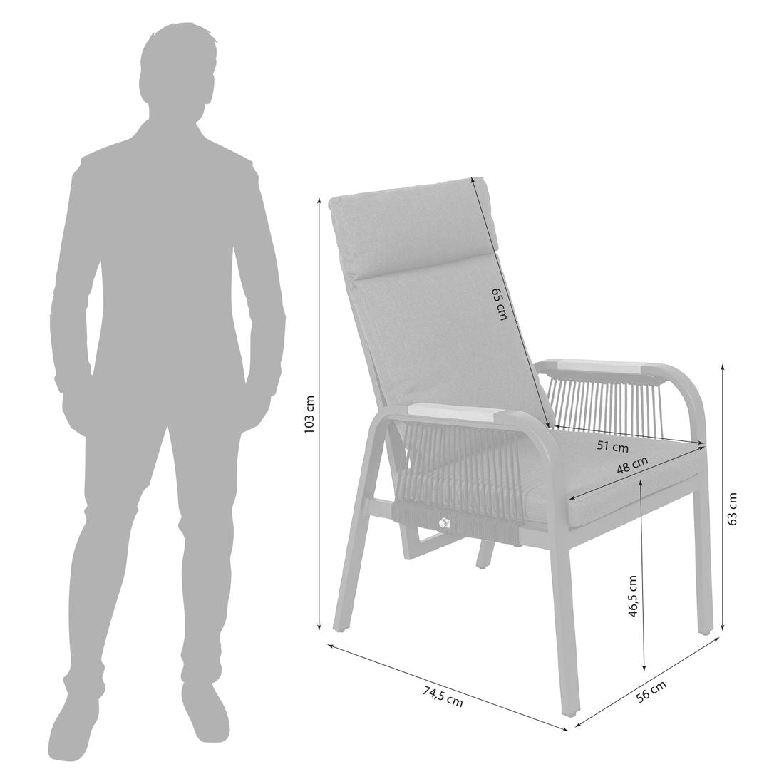Hagestol med armlener Siena regulerbar aluminium tau - detalj av armlener