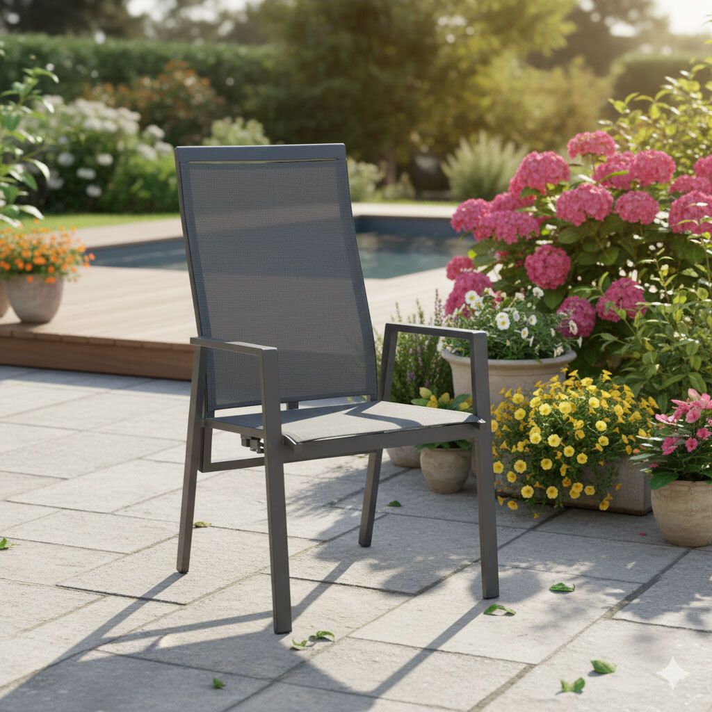 Hagestol Sunfort aluminium/textilen med regulerbar rygg bakside