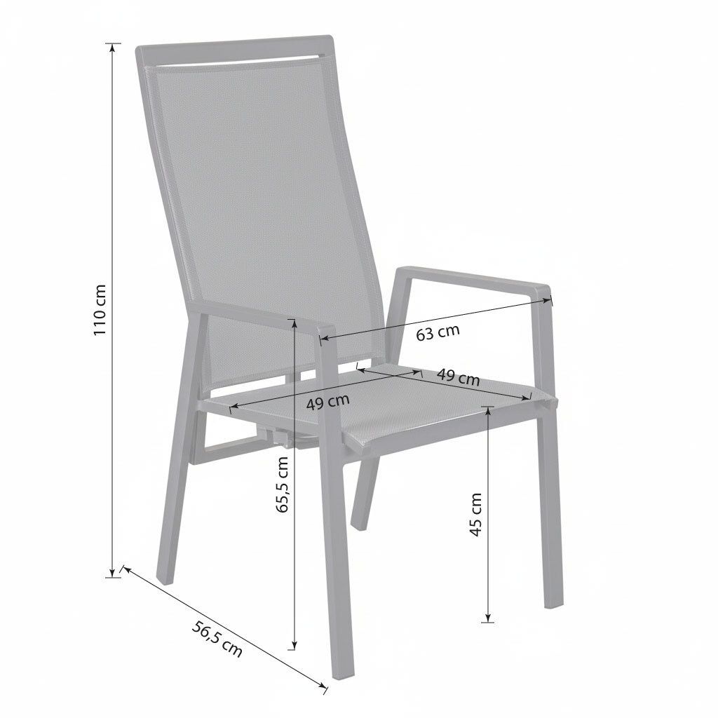 Detalj av tekstilene sete på Hagestol Sunfort aluminium/textilen med regulerbar rygg