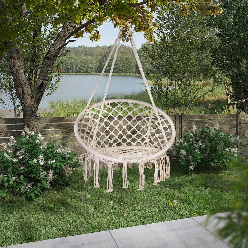 Hengestol Boho i stål og tau, Ø45 cm beige bakside
