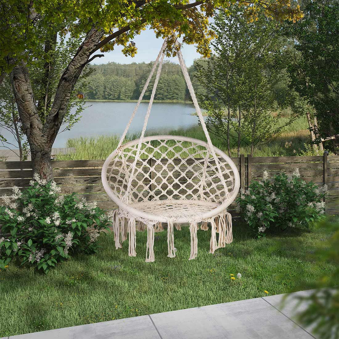 Hengestol Boho i stål og tau, Ø45 cm beige bakside