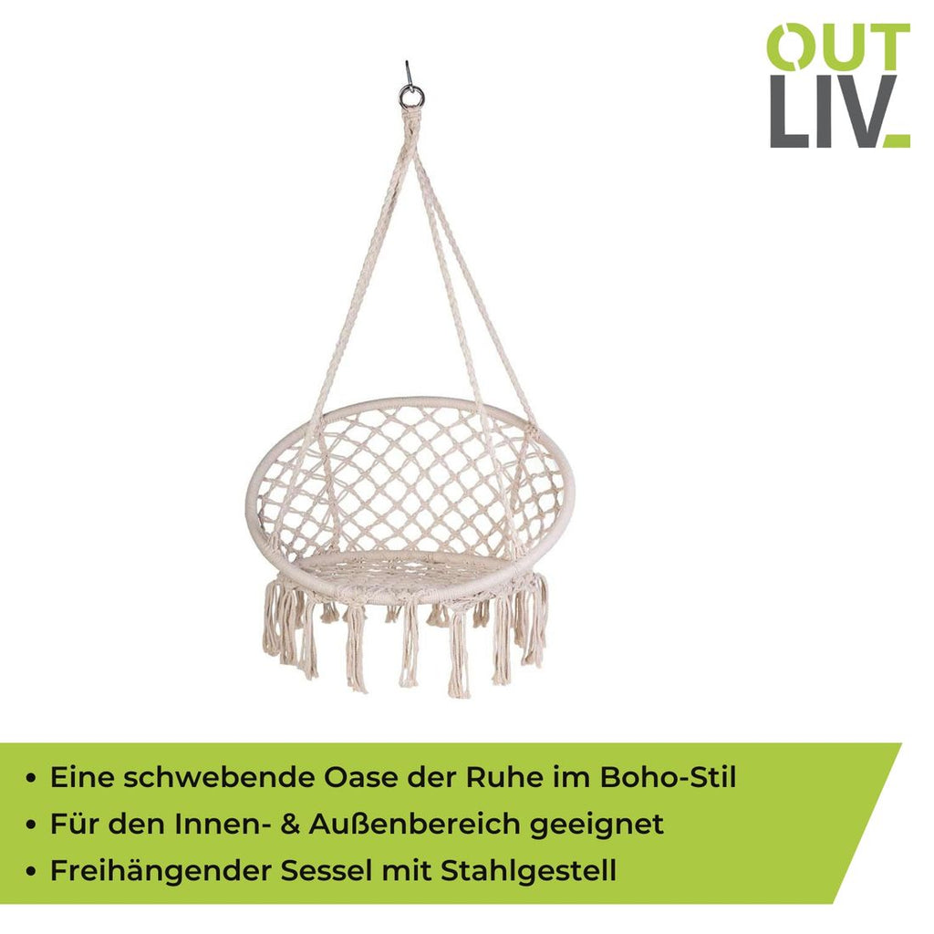 Montert Hengestol Boho i stål og tau, Ø45 cm beige på terrasse