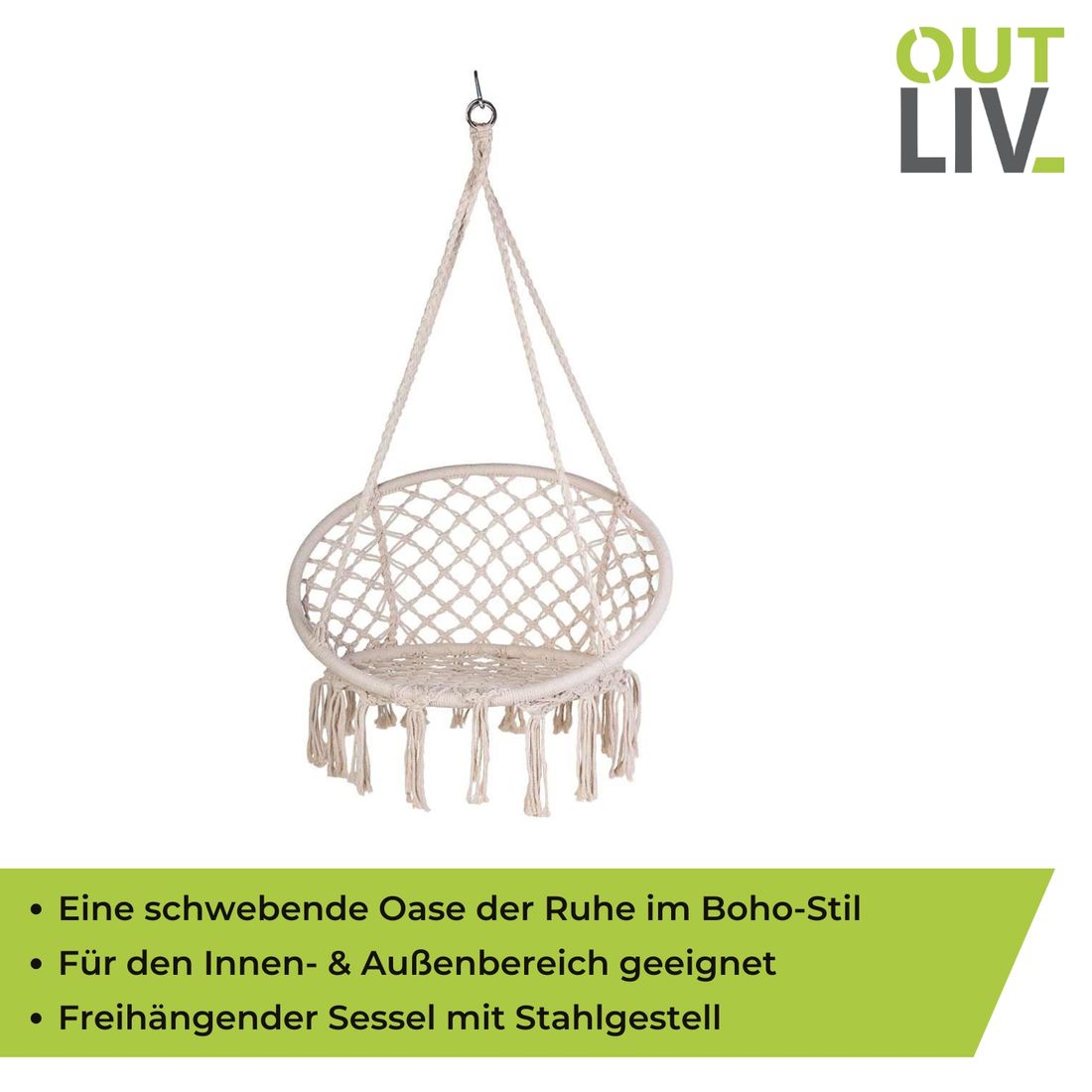 Montert Hengestol Boho i stål og tau, Ø45 cm beige på terrasse