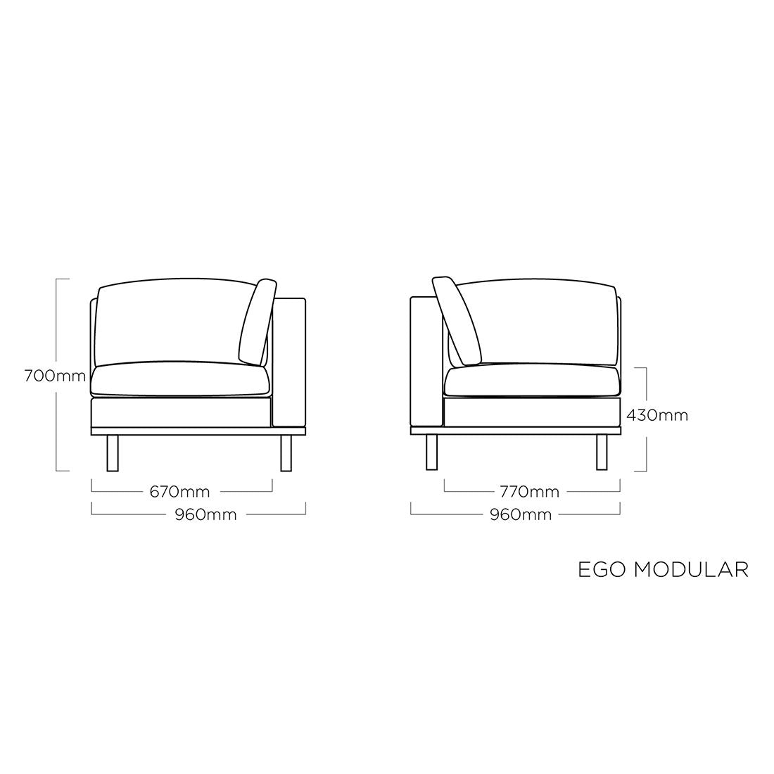 Hjørnemodul lounge Ego Modular aluminium med puter