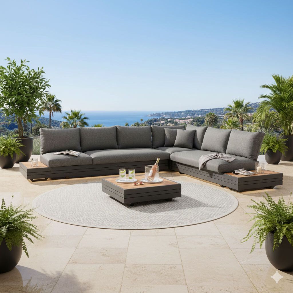 Hjørnesofa ute Cubo Neo 243x309 cm aluminium/teak forfra