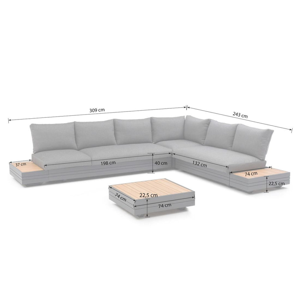 Detalj av Hjørnesofa ute Cubo Neo 243x309 cm aluminium/teak