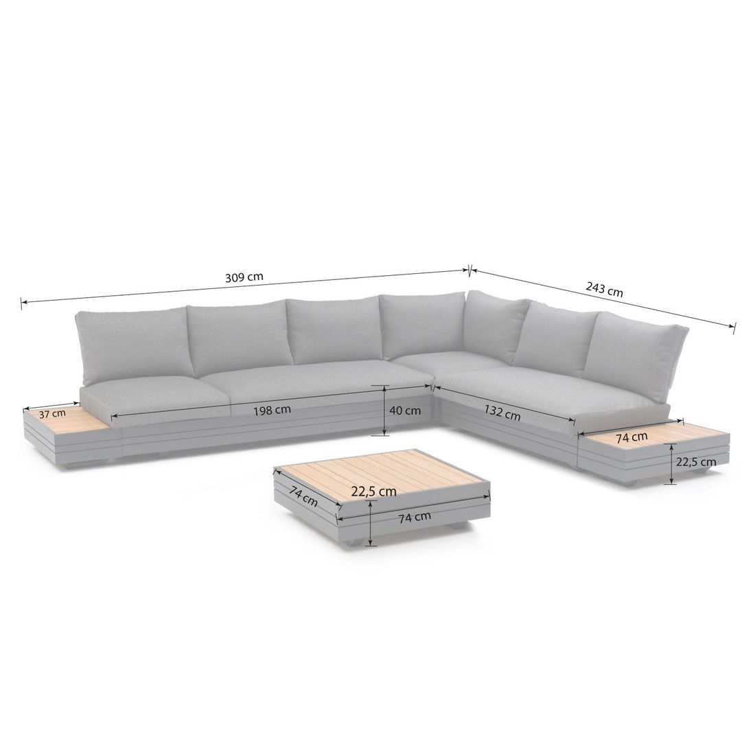 Detalj av Hjørnesofa ute Cubo Neo 243x309 cm aluminium/teak