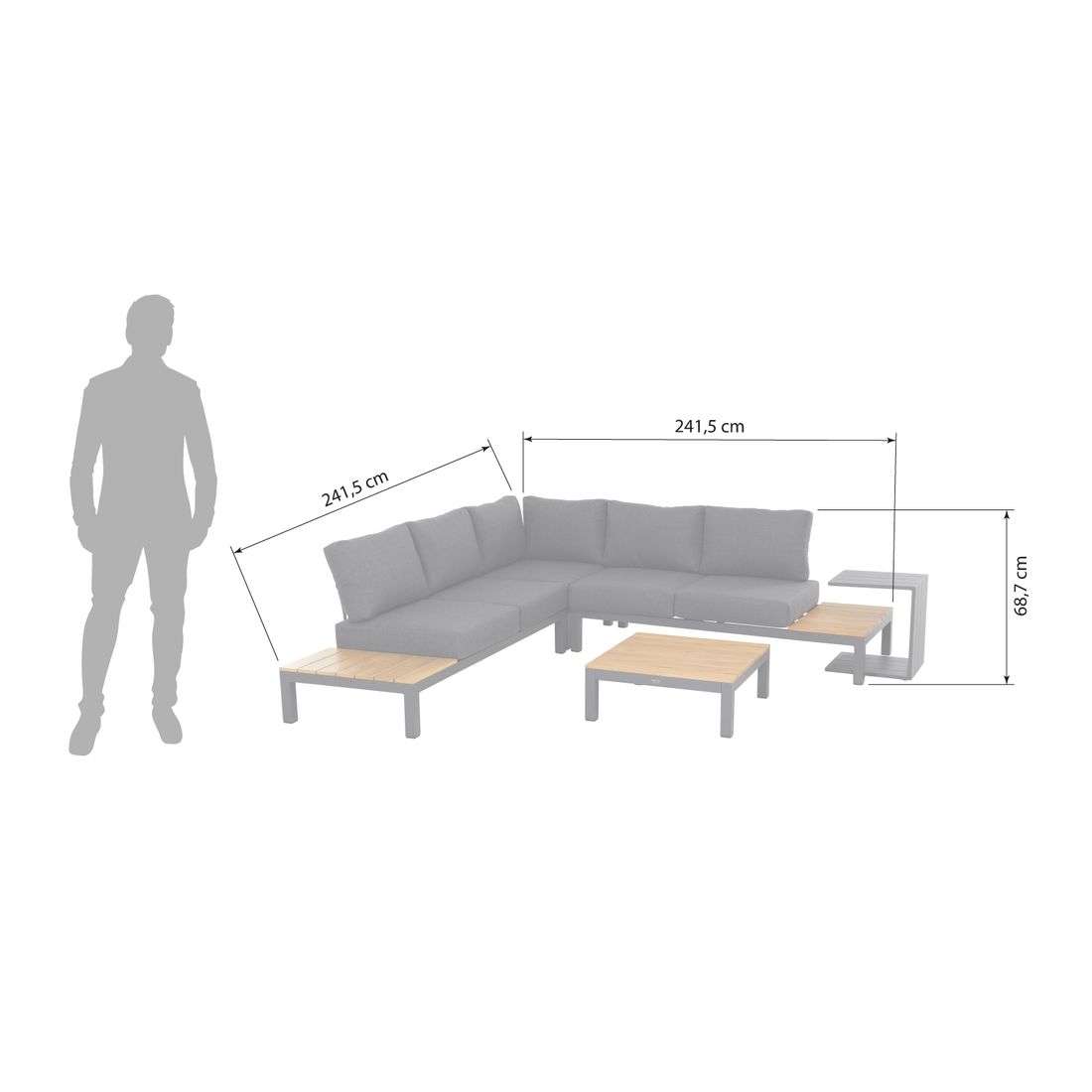 Detalj av aluminium og teak på Hjørnesofa ute Brighton med loungebord