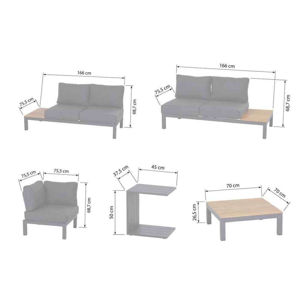 Montert Hjørnesofa ute Brighton med loungebord aluminium/teak på terrasse