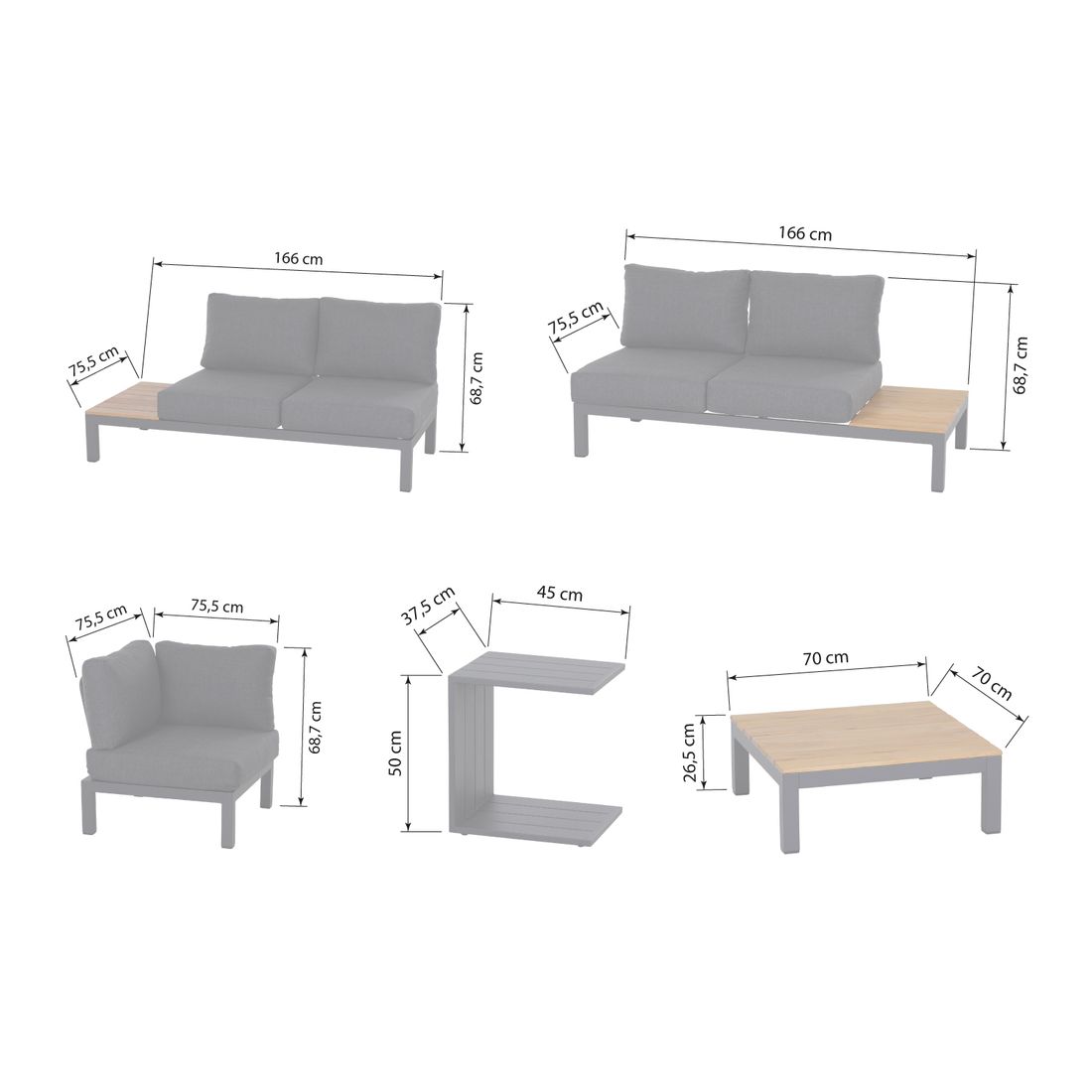 Montert Hjørnesofa ute Brighton med loungebord aluminium/teak på terrasse