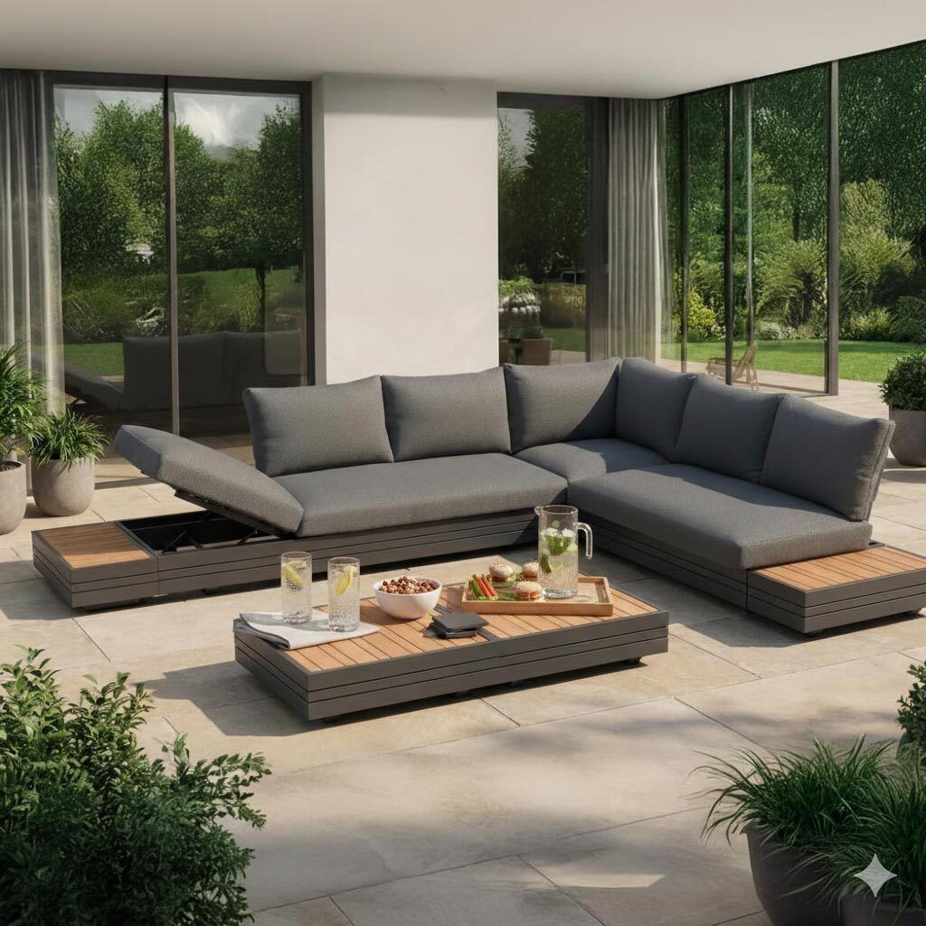 Hjørnesofa ute Cubo Neo med loungebord aluminium/teak sett forfra