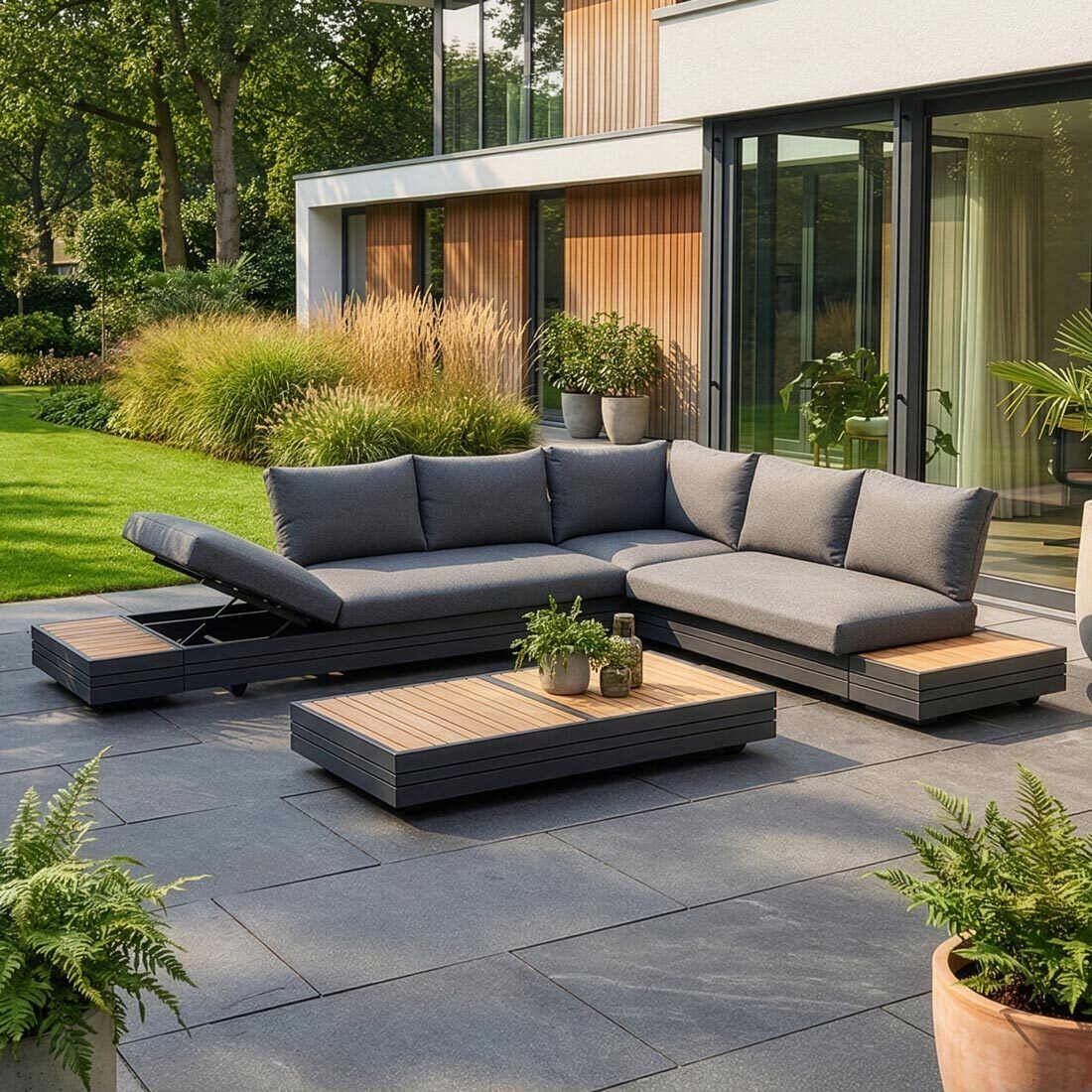 Hjørnesofa ute Cubo Neo med loungebord aluminium/teak sideprofil