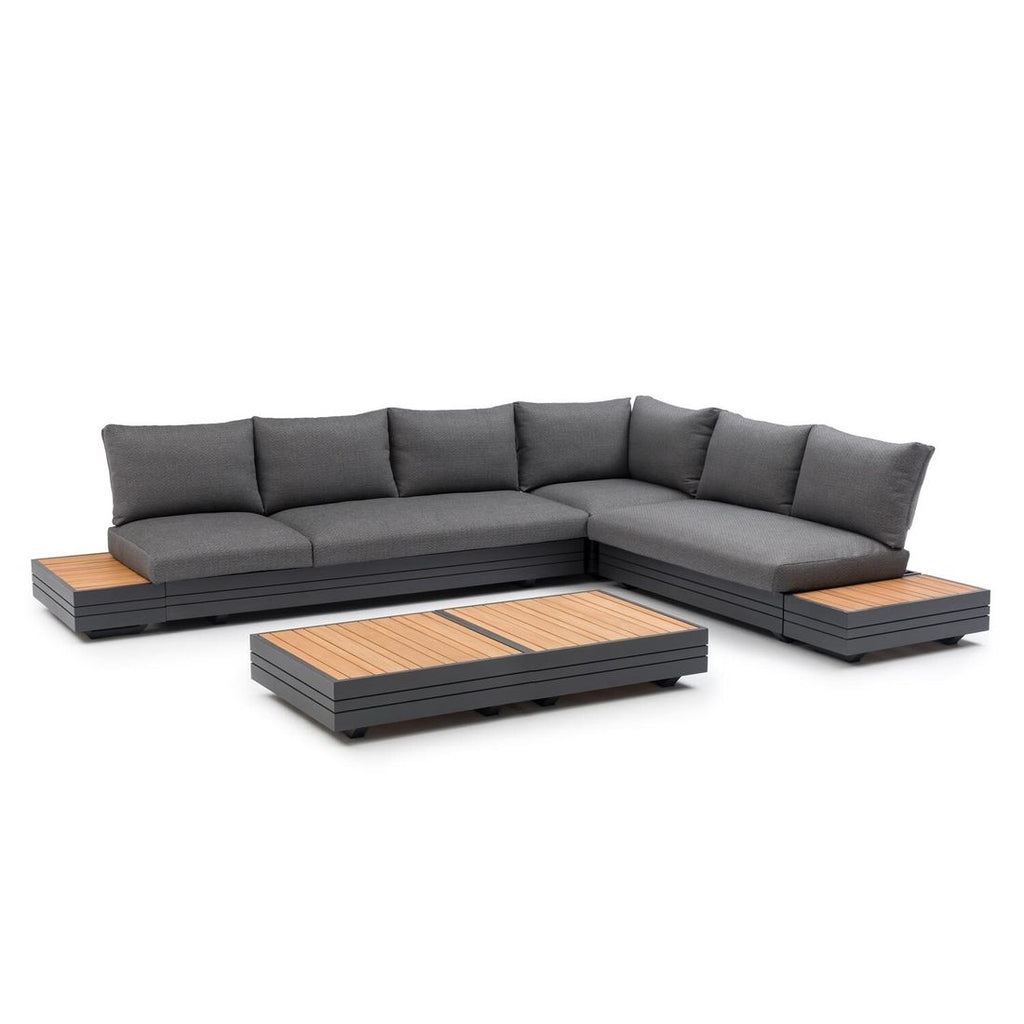 Detalj av puter på Hjørnesofa ute Cubo Neo med loungebord aluminium/teak