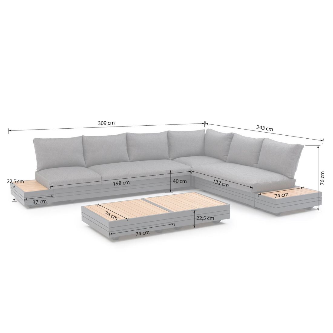 Montert Hjørnesofa ute Cubo Neo med loungebord aluminium/teak på terrasse