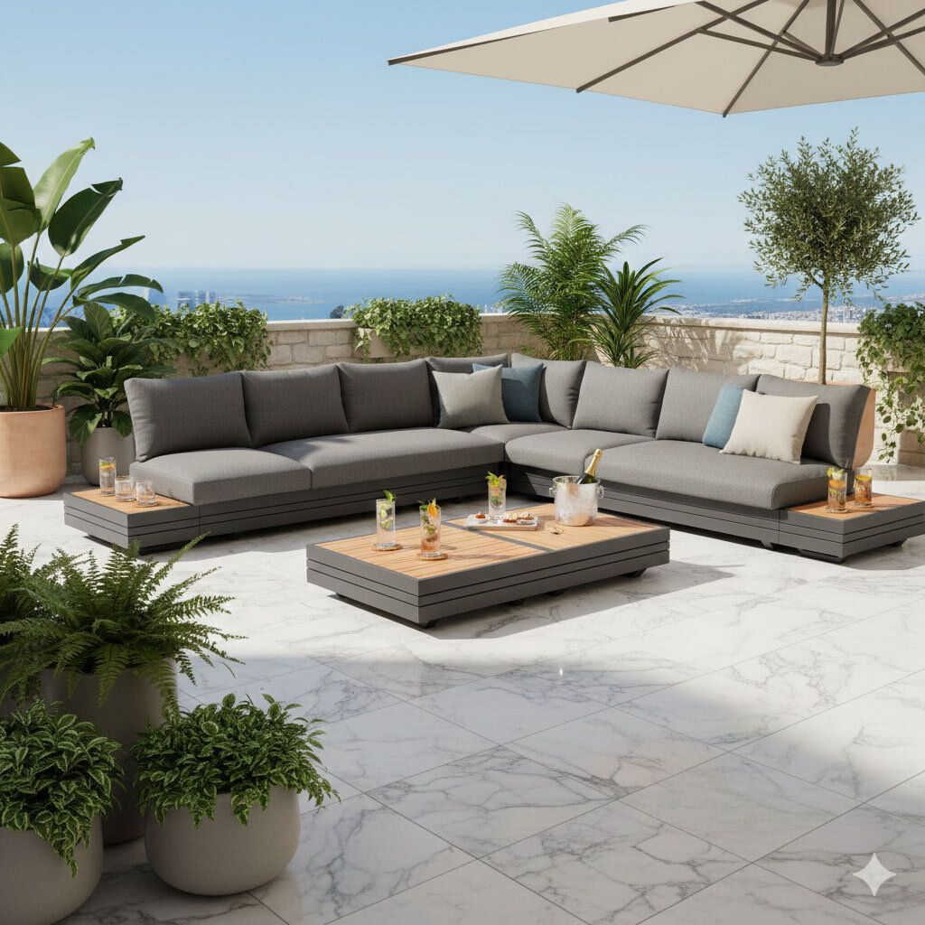 Hjørnesofa ute Cubo Neo 309x309 cm aluminium/teak - Zebra forfra