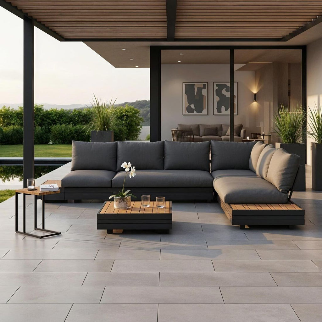 Hjørnesofa ute Cubo Neo med loungebord aluminium/teak - Zebra forfra