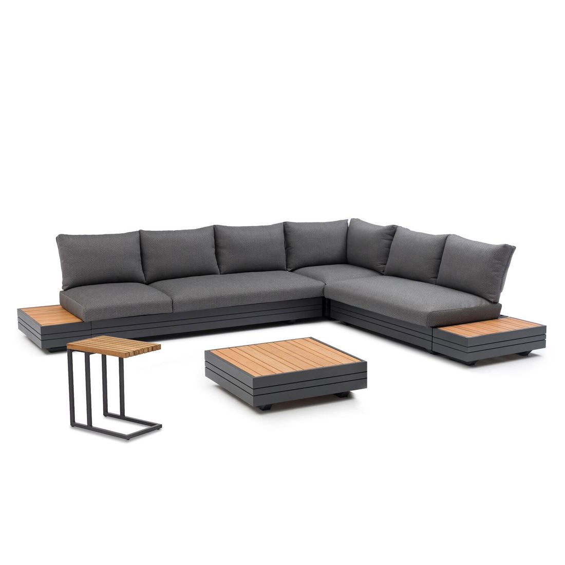 Bakside av hjørnesofa ute Cubo Neo med loungebord aluminium/teak - Zebra